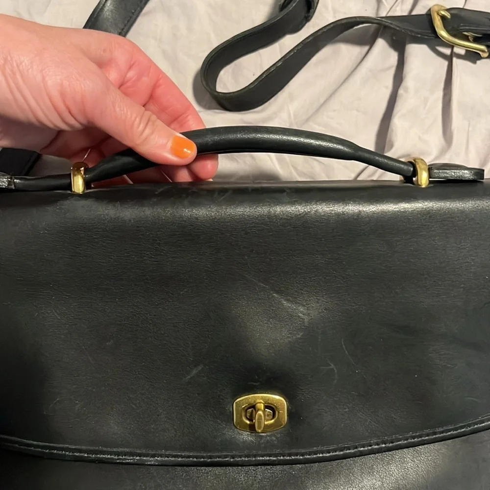 Coach Black Leather Laptop Briefcase with Gold Turn-Lock